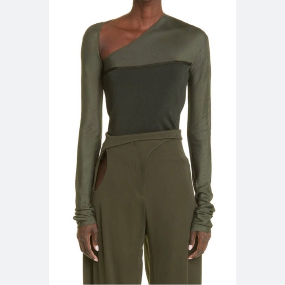 MUGLER Asymmetric Illusion Mesh Top In Military Green Sz Medium NWOT/Fabric Pull